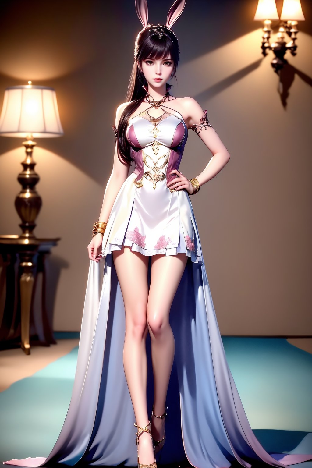 1girl, animal ears, rabbit ears, hand on own hip, solo, full body, dress, long hair, white dress, bare legs, looking at viewer, ponytail, jewelry, hair ornament, high heels, black hair, closed mouth, breasts, metal collar, brown hair, collar, realistic, pink dress, blurry background, bed, pantyhose, blurry, medium breasts, standing, bare shoulders, light, bracelet, legs