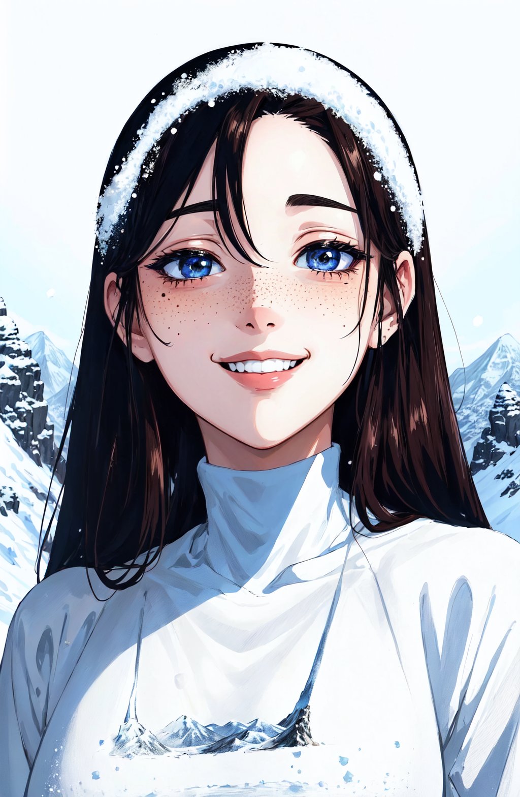 anime absurdres illustration, drawing, (lineart:0.6), dark, rim lighting, two tone lighting, dimly lit, low key,  ,<lora:epi_noiseoffset2:1>, close-up portrait of beautiful smiling woman with freckles, snow-covered mountain, full body, 16mm, 35mm, vivid colors, high quality, white balance, kodak film, high detail