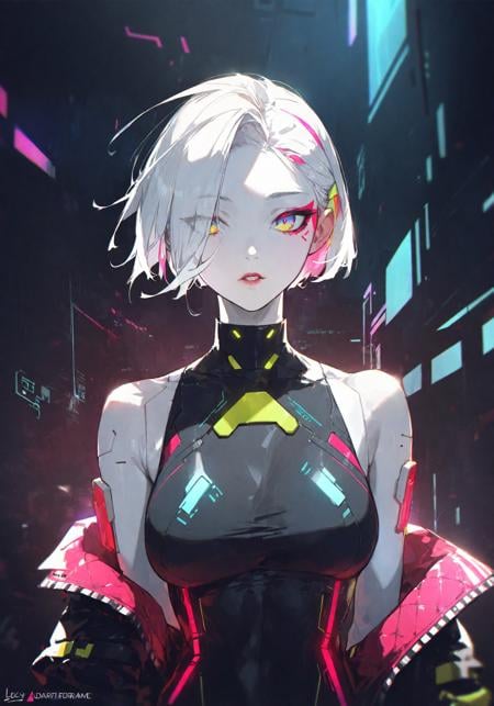 lucy (cyberpunk),1girl, bare shoulders, bodysuit, breasts, cyberpunk, cyborg, jacket, large breasts, leotard, looking at viewer, makeup, multicolored eyes, multicolored hair, open clothes, open jacket, pale skin, parted bangs, parted lips, red eyeliner, short hair, solo, upper body, white hair, dino \(dinoartforame\)