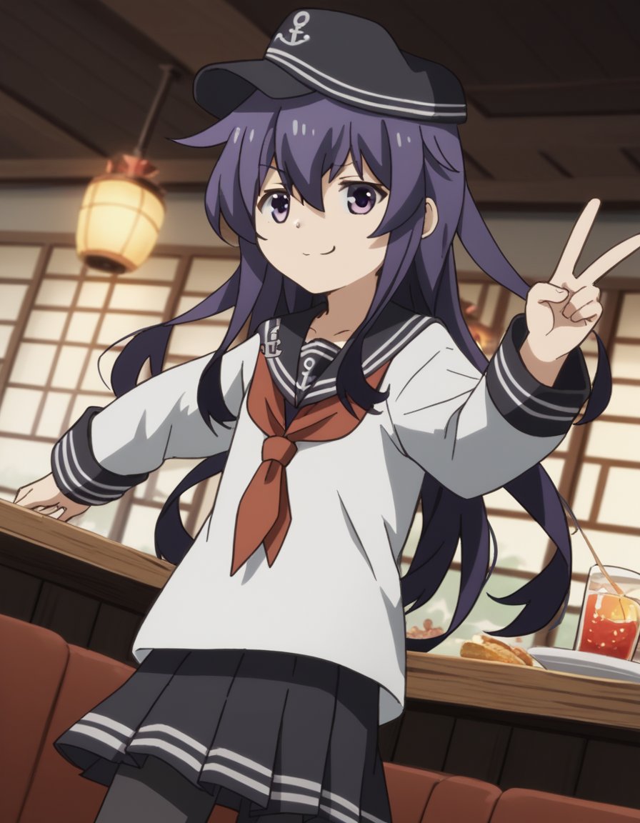 score_9, score_8_up, score_7_up, source_anime, <lora:kancolle-akatsuki-s1-ponyxl-lora-nochekaiser:1>, akatsuki, long hair, hair between eyes, purple eyes, purple hair, akatsuki (kancolle), skirt, shirt, long sleeves, hat, school uniform, pantyhose, pleated skirt, serafuku, black skirt, sailor collar, neckerchief, black pantyhose, red neckerchief, anchor symbol, flat cap,, restaurant, laughter, good food, warm lighting, celebration, , , v, v over mouth, smug,, solo,, cowboy shot, dutch angle