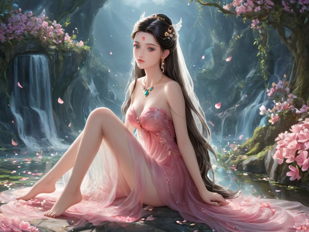 masterpiece,best quality,photorealistic,Multicolored,1girl,solo,realistic,Light background,Transparent plastic flower,Luminescent,Multicolored,nsfw1girl, solo, breasts, long hair, barefoot, long hair, jewelry, forehead mark, necklace, white long hair ornament, earrings, looking at viewer, dress, bare shoulders, facial mark, cleavage, bare legs, pointy ears, full body,expressiveh,Magic,Magic Games,Goddess Alliance,Western mythology,godness,hanfu,fox girl,fairy,Game character design,mythology,goddess,immortal,fantasy,bang,(long hair:1.1),beautiful girl,beautiful eyes,beautiful face,3sss skin,Soft illumination,ssr,intricate details,Crawling in the flowers with legs up, gill  support, on(\hui mou\),1girl,solo,hair ornament,jewelry,earrings,petals,flower,full body, stand \(jojo\), barefoot,  <lora:dragon_小龙女_水晶神龙1.0_v1.0:0.4> <lora:古风动漫美女XL_古风动漫美女XL_v1.0:0.41> <lora:古风女孩SDXL_v1.0:0.41> <lora:万享特效_XL_LORA_v3.0:0.41>, masterpiece, best quality,