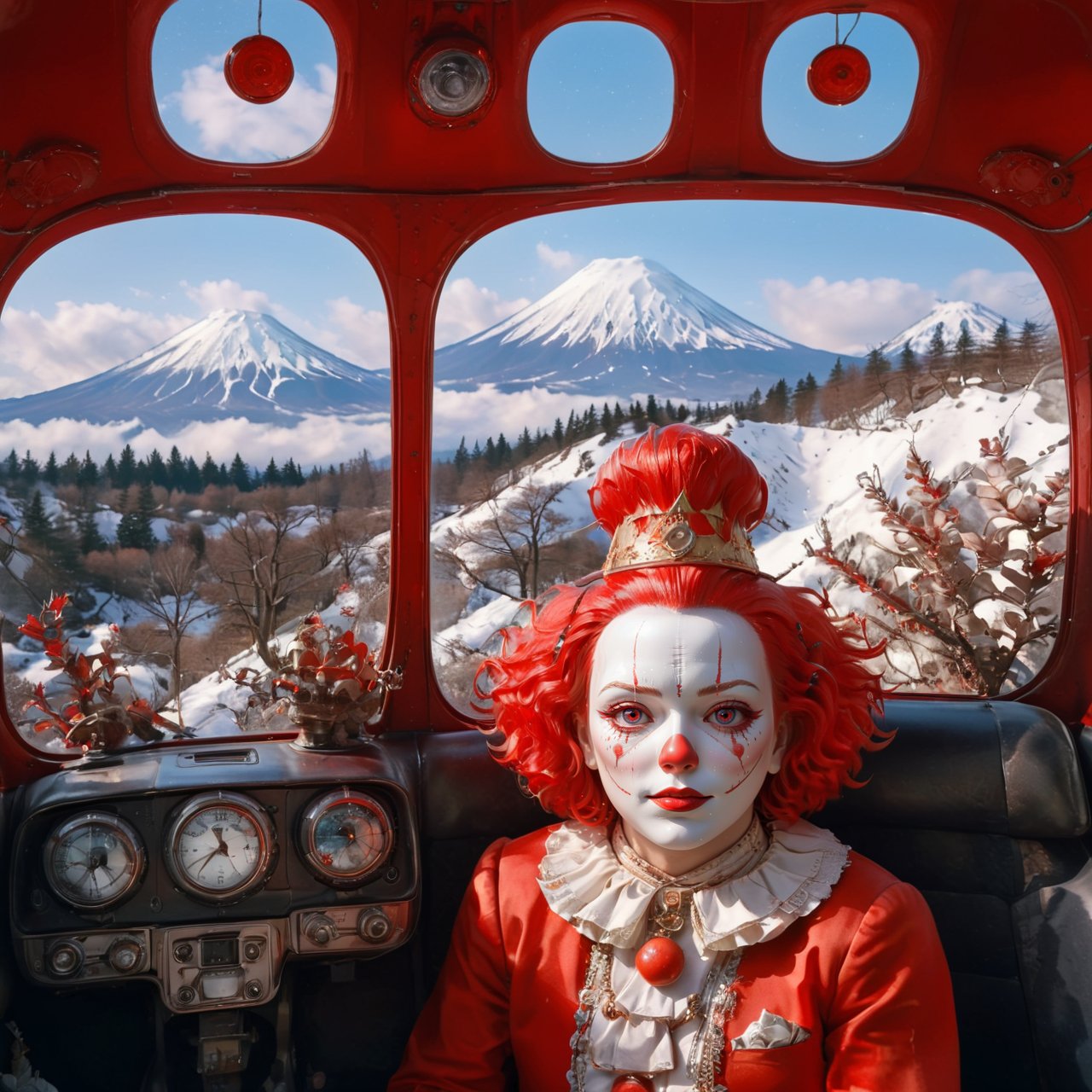 aw0k euphoricred style, clown sitting in a car looking to the window to mountain fuji, sad expression, Canon, Cruel Hat, Tail, Large Sad Eyes, Snowing, Depressing, intricate details, Accent lighting, Kodak portra 400, 50mm, Futuristic, highly detailed<lora:add-detail-xl:1><lora:redstyle-000009:0.85>