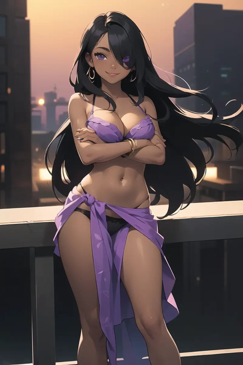 1girl, solo,  purple eyes, ((dark-skinned female, dark skin)), black hair, hair over one eye, large breasts, thick thighs, very long hair, naughty face, smile, crossed arms, jewelry, sarong, breast hold, navel, bracelet, panties, arm under breasts, railing, makeup, smile, underwear, standing,