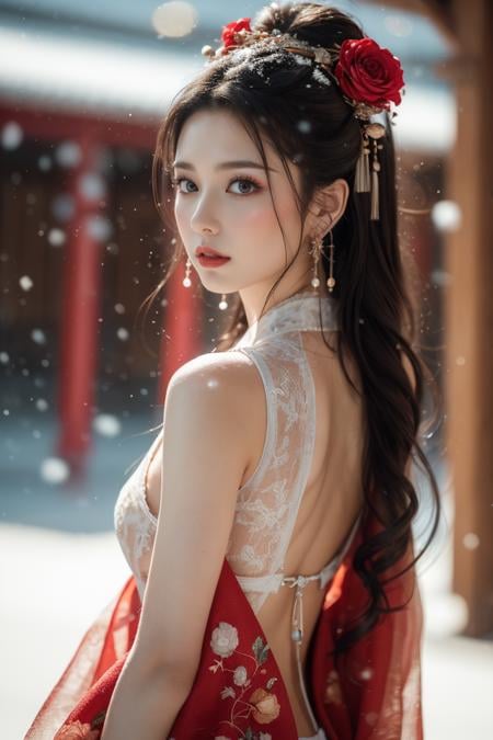 Warm Snow,1girl,solo,hair ornament,black hair,jewelry,earrings,looking at viewer,blurry,snow,snowing,red lips,chinese clothes,looking back,upper body,flower,blurry background,makeup,black eyes,lipstick,hair stick,realistic,floral print,lips,closed mouth,best quality,masterpiece,illustration,an extremely delicate and beautiful,CG,unity,8k wallpaper,Amazing,finely detail,masterpiece,official art,extremely detailed CG unity 8k wallpaper,incredibly absurdres,huge filesize,ultra-detailed,highres,extremely detailed,beautiful detailed girl,realistic,<lora:Warm Snow:0.8>,