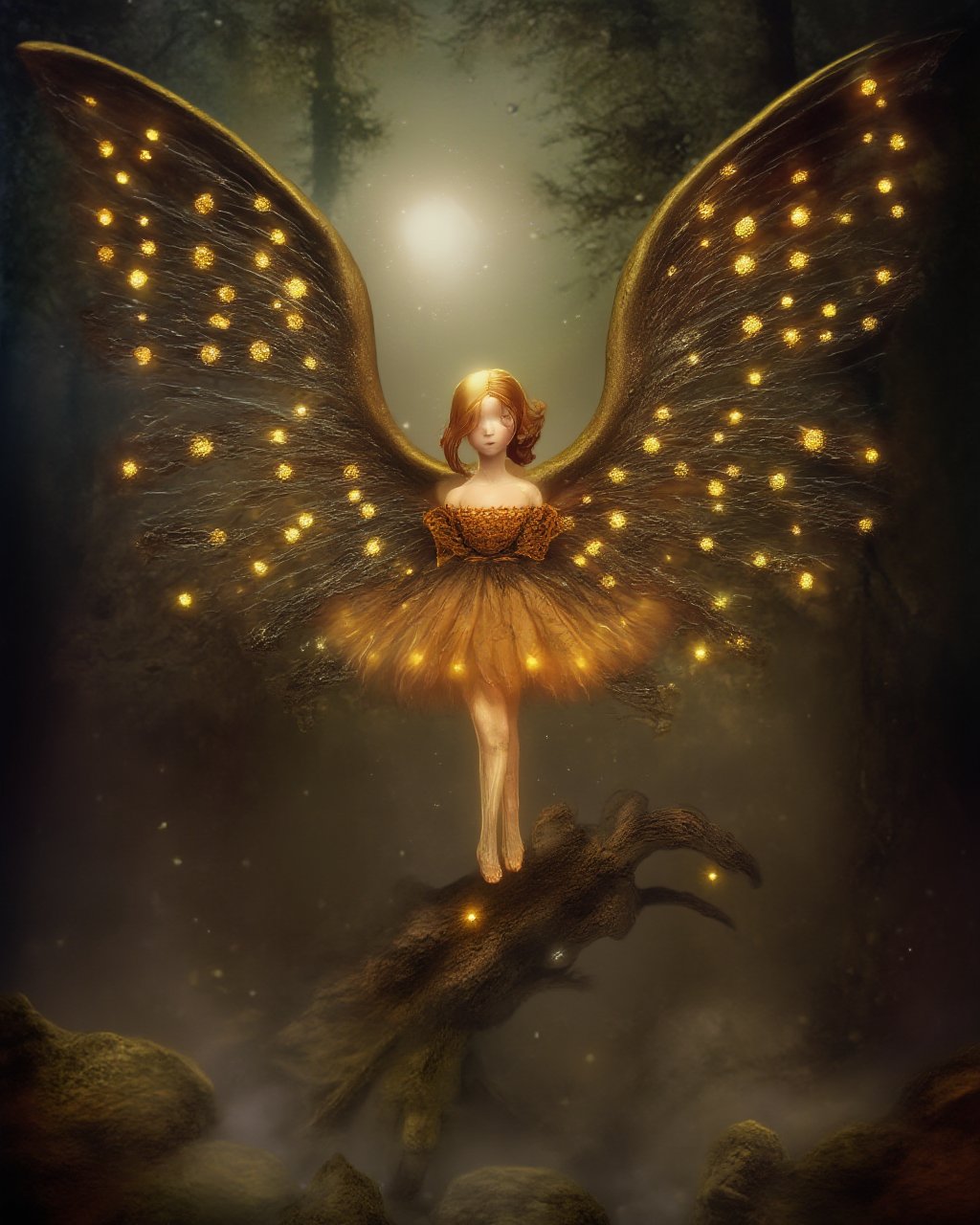 Humanoid fairy, enchanting, whimsical, mystical, magical, ethereal, wings, forest, moonlight, starlight, mist, serenity, fairy lights, soft focus, bokeh, lens flare, surreal, wood, dusk, bronze, fiber optic, carbon fiber, dawn, subsurface scattering, ultra hd, 4k, high def, Photorealistic, Hyperrealistic, Hyper detailed, analog style, realistic, masterpiece, best quality, ultra realistic, 8k, Intricate, High Detail, film photography, soft lighting, heavy shadow, lowbrow art style, surreal,<lora:LowBrowF1D:1>