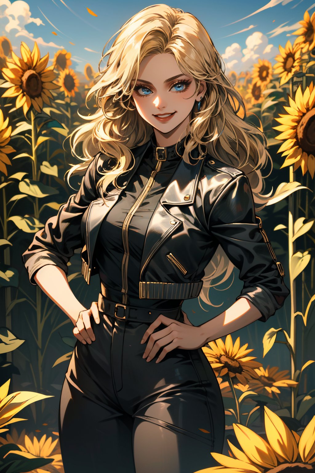 ((ultra detailed, masterpiece, absurdres)) <lora:I2BlackCanary:0.8>I2BlackCanary, 1girl, long hair, blonde hair, blue eyes, surrounded by sunflowers in a bright field, smiling, with hands on hips