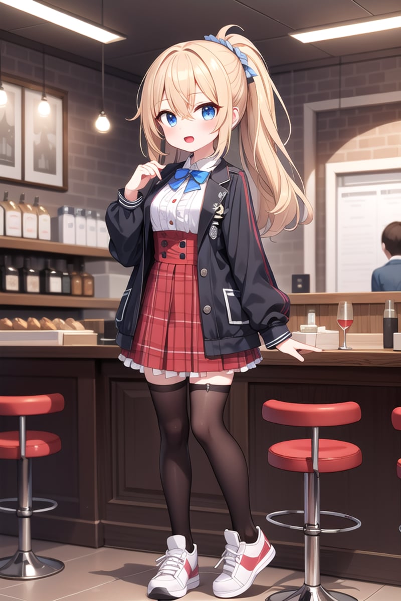 insanely detailed, absurdres, ultra-highres, ultra-detailed, best quality,1girl, solo, nice hands, perfect handsBREAK(lanky,gothic dress,nylon clothes,denim dress,saddle jacket,red tartan-check pleated skirt,frilled legwear,sneakers:1.2)BREAK(nsfw:-1.5)BREAKexpressionless, open mouthBREAK,standing, cowboy shot, looking at viewerBREAKslender, kawaii, perfect symmetrical face, ultra cute girl, ultra cute face, ultra detailed eyes, ultra detailed hair, ultra cute, ultra beautifulBREAKin coffee shop, depth of field, ultra detailed backgroundBREAKmedium breastsBREAKblonde hair, blue eyes, topknot, hair between eyes