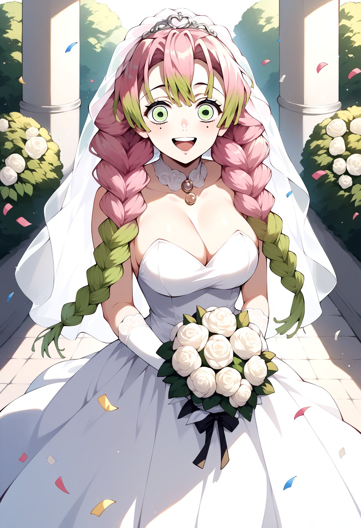 score_9, score_8_up, score_7_up, source_anime, aamitsuri, long hair, braid, multicolored hair, green eyes, mole under eye, large breasts, <lora:kanroji_mitsuri_ponyxl_v1:0.8>, wedding dress, white gloves, white dress, garden, standing, cowboy shot, holding bouquet, smile, open mouth, confetti,