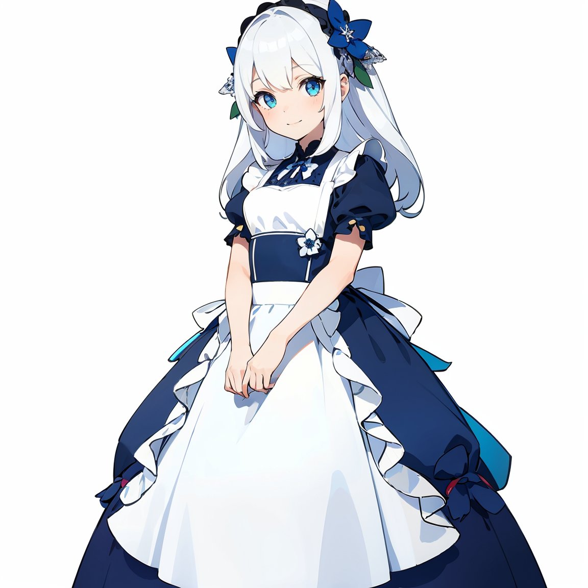 (masterpiece, best quality,top quality),(white background:1.5),(full body),(1girl:1.2),solo,long hair,silver hair,smile,hair ornament,blush,looking at viewer,standing,blue eyes,dress,short sleeves,apron,puffy short sleeves,puffy sleeves,ribbon,blue magic,