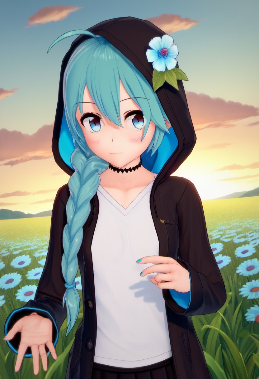 zPDXL, zPDXLxxx, score_9, score_8_up, score_7_up, score_6_up, score_5_up, score_4_up, BREAK  <lora:selebus:1>, LiL \\(style\\), flower, 1girl, hatsune_miku, blue flowers, solo, hair ornament, hair flower, blue hair, blue eyes, long hair, flower field, ahoge, field, looking at viewer, nail polish, outdoors, sky, shirt, full body, hood, choker, jacket, skirt, sunset, cloud, closed mouth, long sleeves, hair between eyes, hood down, sleeves past wrists, stitches, hoodie, outstretched arm, open clothes, hooded jacket