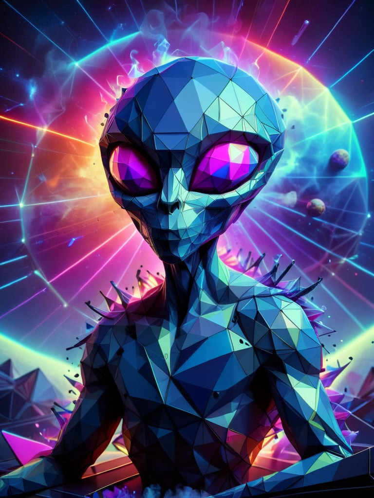 an alien on a futuristic spaceship in neon colors made of ral-polygon <lora:ral-polygon-sdxl:1> on the surface of planet with smoke and neon lights in cosmic style