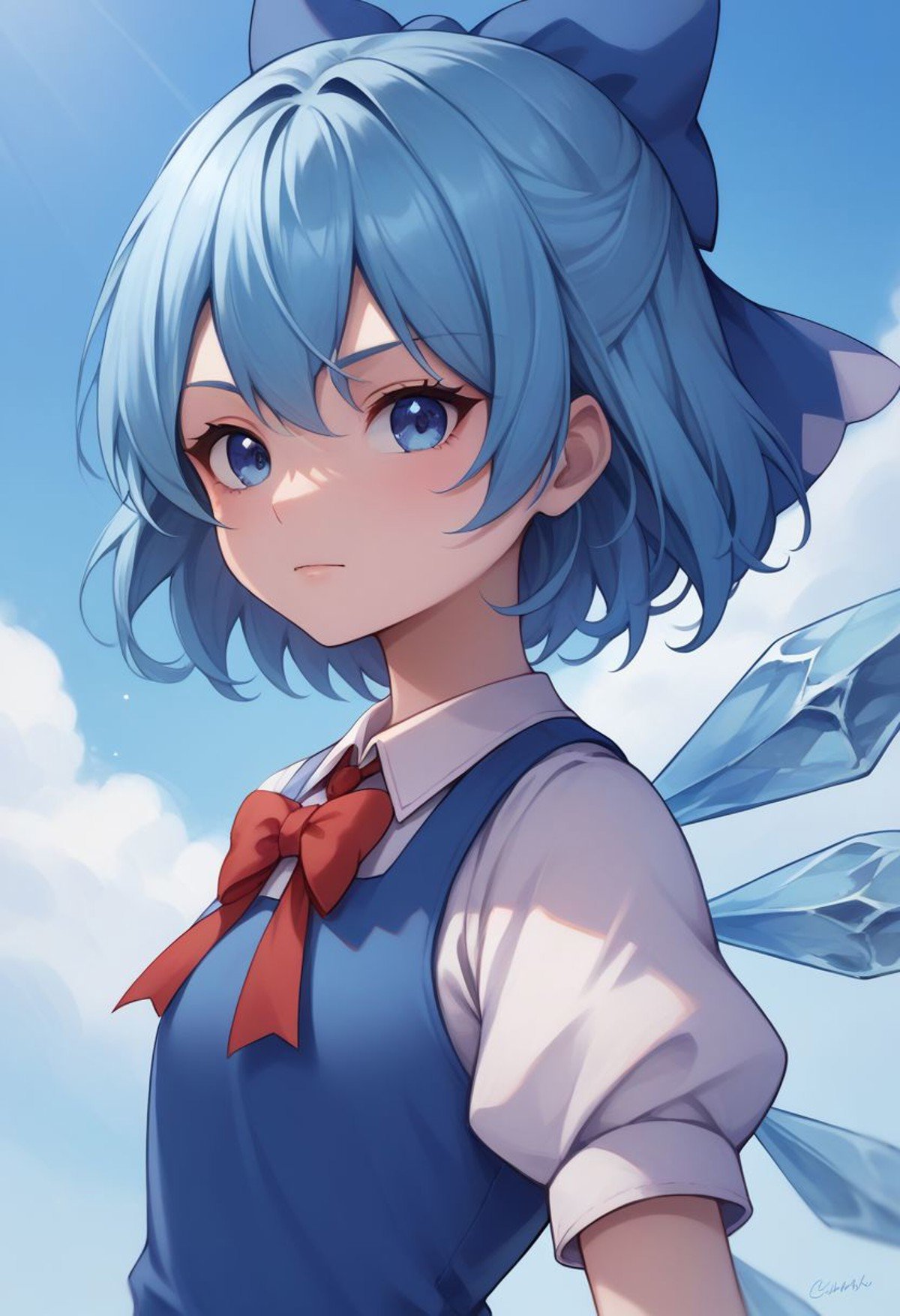 score_9, score_8_up, source_anime, highly detailed, cirno, 1girl, solo, wings, blue eyes, dress, bow, ice wings, blue hair, ice, blue dress, short sleeves, blue bow, short hair, hair bow, puffy sleeves, red ribbon, upper body,outdoor,