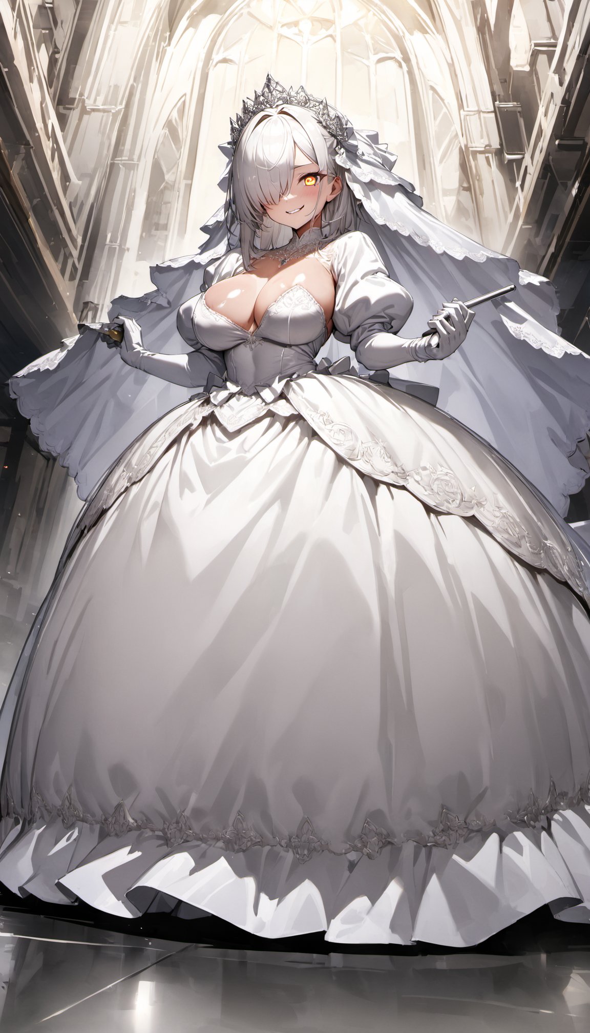 ultra-detailed, masterpiece, best quality, wallpaper, 8k, pixiv,evil smile, standing, magic, holding a magic stick,(solo, 1milf, over 30 ages),princess, bride(breast, thigh: 1.1),white hair, shiny hair, hair over one eye,(tsurime, yellow eye, heart-shaped pupils),(princess wedding dress, long skirt, over skirt, puff Sleeves, tiala, long white glove, bridal vail), white shiny thigh high thights, (white shiny satin),(white background:1.1), <lora:Wedding_Dress_v1:1>