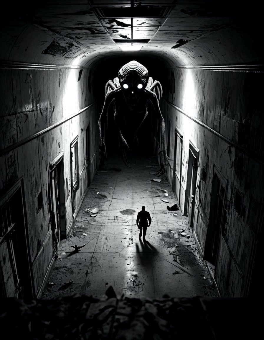 score_9, score_8_up, score_7_up, horrorcctvlora, monochrome, greyscale, dark, abandoned hallway, alien, glowing eyes, bird view