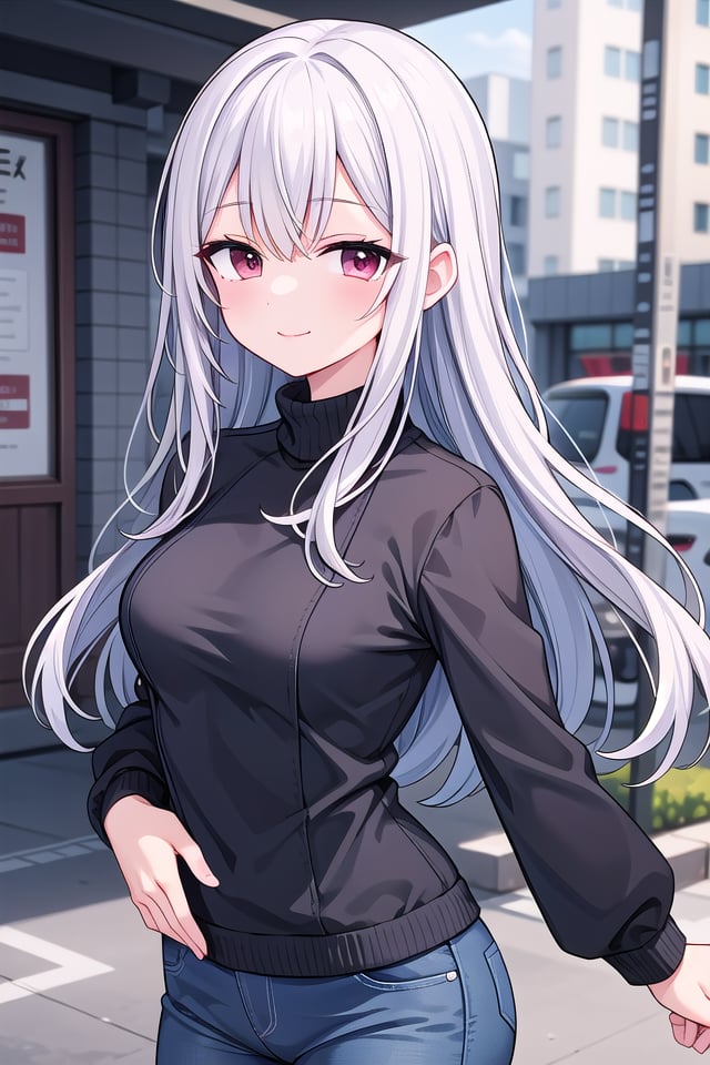 insanely detailed, absurdres, ultra-highres, ultra-detailed, best quality,1girl, solo, nice hands, perfect handsBREAKpea coat, turtleneck, straight pantsBREAK(nsfw:-1.5)BREAKseductive smile, closed mouthBREAK,standing, cowboy shot, looking at viewerBREAKslender, kawaii, perfect symmetrical face, ultra cute girl, ultra cute face, ultra detailed eyes, ultra detailed hair, ultra cute, ultra beautifulBREAKin schoolyard, depth of field, ultra detailed backgroundBREAKmedium breastsBREAKpurple hair, red eyes, long hair,