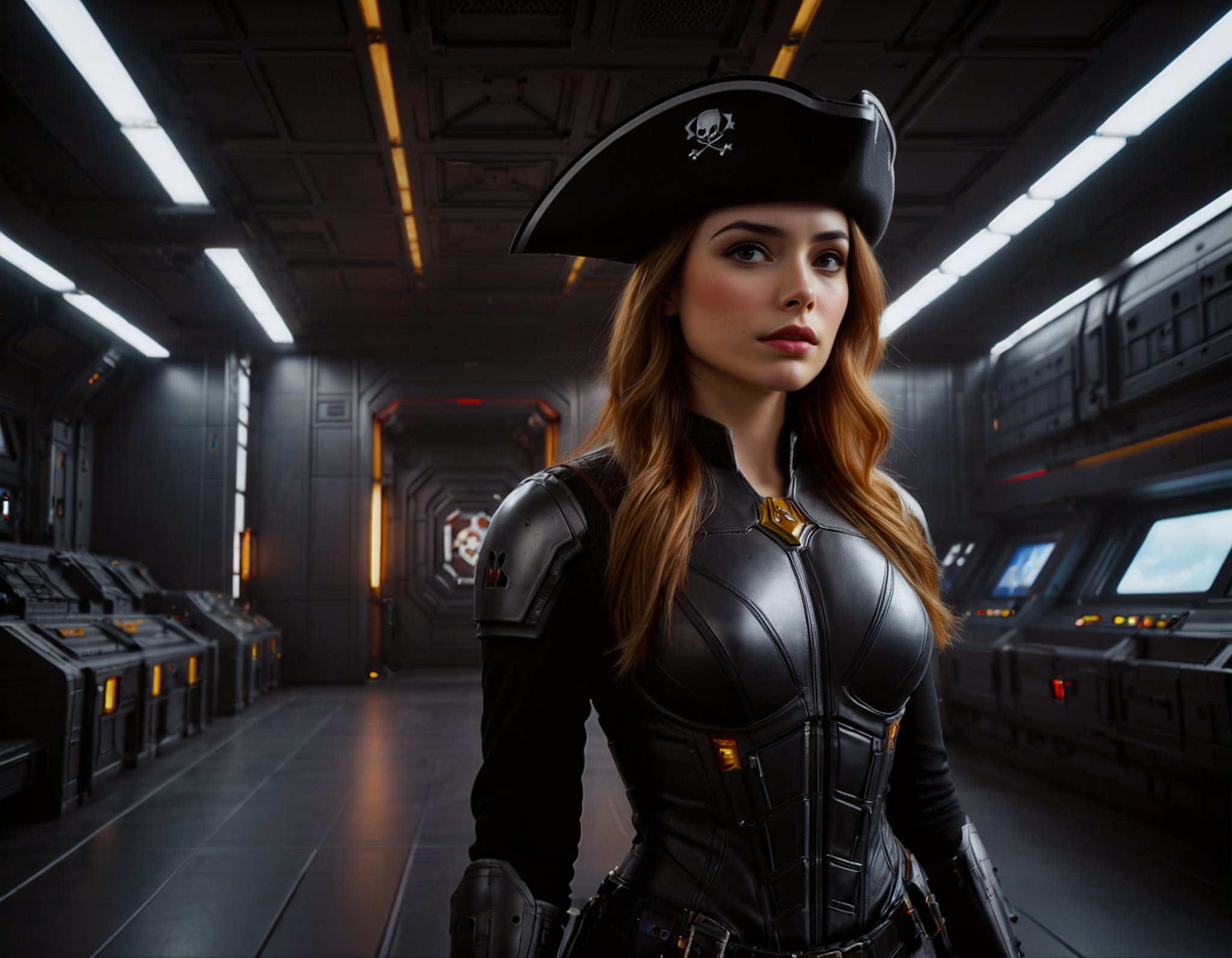 ((((sign "VANGUARD"))))(((pir4t4))),high detailed, (high budget Hollywood film:1.3),(cinematic film still portrait of ) (((caldari))) woman in (futuristic space ship),(((text, letters logo VANGUARD))) on breast,black very long airy skirt,(((pirate hat with skull emblem))), cinematic photo, 18mm f/11 photograph, film, bokeh, professional, 4k, highly detailed, colorful, ,8k UHD, RAW, DSLR, HDR, Fuji FILM,( embedding:ziprealism), intricate diorama, photorealism, intricate details, extremely detailed, masterpiece,  outstanding intricacies, best quality, hires textures, high detail, incredibly detailed, cinematic lighting, creating an endearing expression as it gazes directly into the camera. the surrounding foliage adds depth to the scene,cinematic still portrait,street photo art style,8k UHD, RAW, DSLR, HDR, f/8,photorealistic,  skin pores, imperfections, natural,  high budget Hollywood film, bokeh, cinemascope, moody, epic, gorgeous, film grain , captured on a (Hasselblad X1D II 50C),, ,hair style braided, clothes material is terry ,low forehead, small nose, mischievous gaze, big chin, long face,long bangs,