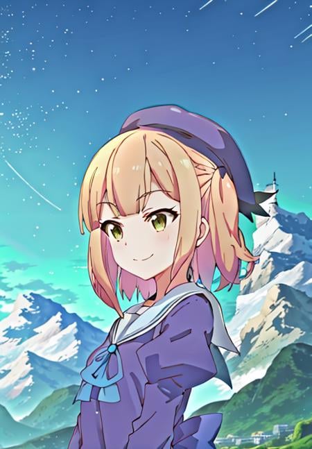 <lora:Killing_Slimes_300_Yrs_Max_Level:1>, Rosalie, solo, long hair, smile, shirt, hat, ribbon, closed mouth, school uniform, upper body, sidelocks, outdoors, sky, serafuku, day, cloud, medium hair, sailor collar, blue sky, cosplay, beret, parody, blue shirt, star (sky), blue headwear, starry sky, meme, white sailor collar, ghost, mountain, asymmetrical bangs, purple shirt, hitodama, voice actor connection, split mouth, mountainous horizon, anime coloring, scene reference