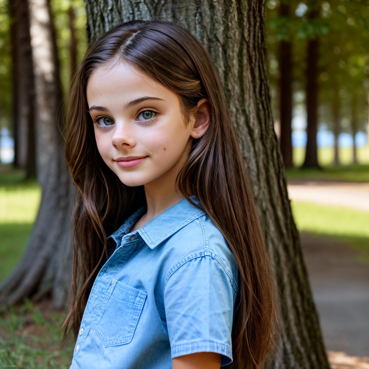 wallpaper, view from below, profile of smiling (AIDA_LoRA_MeW2016:1.01) <lora:AIDA_LoRA_MeW2016:0.97> as little girl wearing a simple shirt and denim skirt posing in the park with trees on the background, outdoors, pretty face, naughty, funny, happy, playful, insane level of details, studio photo, studio photo, kkw-ph1, hdr, f1.6, getty images, (colorful:1.1)