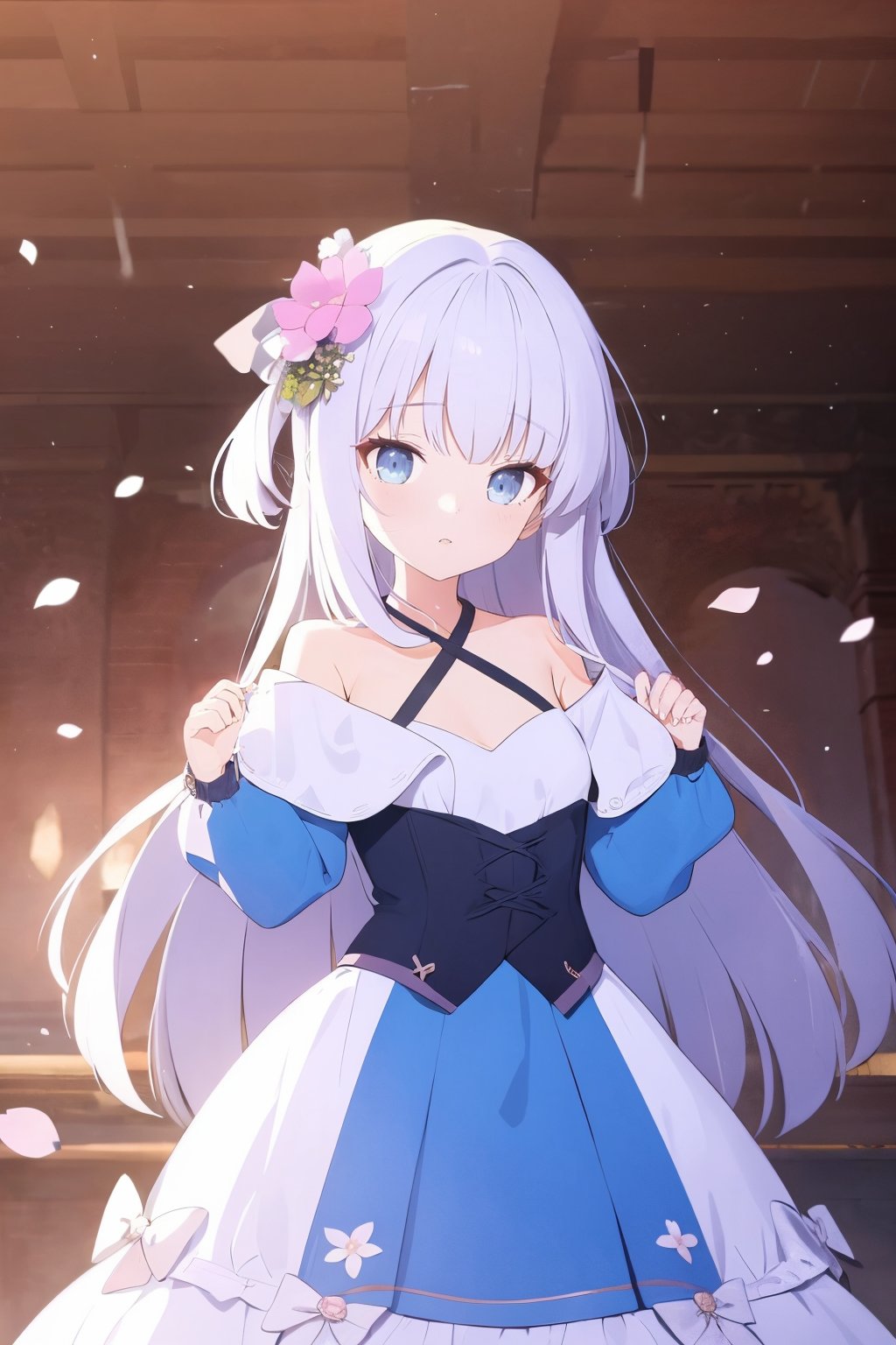 masterpiece,best quality,1girl,bow pose,head down,long hair,bangs,hair ornament,long sleeves,dress,ribbon,hair ribbon,flower,white hair,puffy sleeves,indoors,hair flower,off shoulder,sleeves past wrists,petals,blue dress,puffy long sleeves,off-shoulder dress,criss-cross halter,<lora:BA_v1_wd14_LoRA:0.8>,