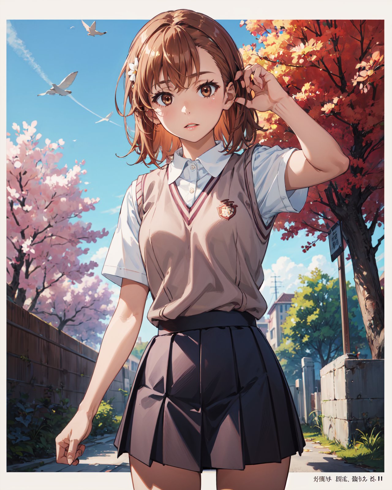 <lora:Misaka-000001:0.8>,Misaka CYQL,1girl,looking at viewer,solo,brown hair,short hair,hair ornament,hairclip,flower,hair flower,brown eyes,school uniform,sweater vest,brown sweater vest,summer uniform,shirt,white shirt,short sleeves,school emblem,skirt,pleated skirt,grey skirt,socks,(expressionless:1.2),beautiful face,beautiful eyes,glossy skin,shiny skin,(cowboy_shot,foreshortening,wariza:1.2),v,Maple trees, Acorns, Mushrooms, Fallen leaves, Golden sunlight, Rustling breeze,beautiful detailed sky,beautiful detailed glow,(English text:1.3),(border:1.5),posing in front of a colorful and dynamic background,(masterpiece, best quality, beautiful and aesthetic:1.3),contrapposto,female focus,fine fabric emphasis,wallpaper,fashion,Lipstick,depth of field,intricate_detail,finely_detailed,fine_fabric_emphasis,(glossy),<lora:增强减少细节add_detail:0.4>,