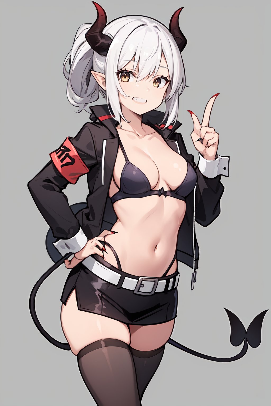 1girl, , armband, belt, black jacket, breasts, claws, cleavage, collarbone, cuffs, demon girl, demon horns, demon tail, grin, hair up, hand on own hip, horns, index finger raised, jacket, legs apart, looking at viewer, medium breasts, midriff, navel, open clothes, open jacket, open mouth, sidelocks, simple background, smile, solo, tail, teeth, thighhighs, thighs, two-tone background, white eyes, white hair, 