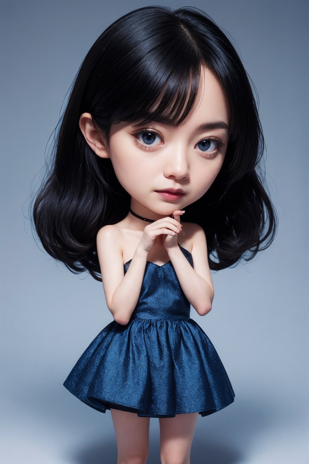 1woman,chibi,blue dress,black hair,