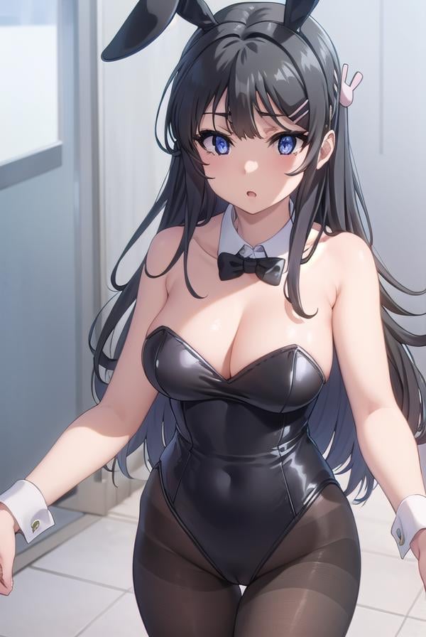 maisakurajima, <lora:mai sakurajima s1-lora-nochekaiser:1>, mai sakurajima, long hair, bangs, (black hair:1.5), hair ornament, (purple eyes:1.1), hairclip, rabbit hair ornament,BREAK bow, animal ears, cleavage, bare shoulders, pantyhose, bowtie, black footwear, rabbit ears, high heels, leotard, black pantyhose, strapless, black bow, detached collar, fake animal ears, playboy bunny, black leotard, strapless leotard, thighband pantyhose, black bowtie,BREAK indoors, library,BREAK looking at viewer, (cowboy shot:1.5),BREAK <lyco:GoodHands-beta2:1>, (masterpiece:1.2), best quality, high resolution, unity 8k wallpaper, (illustration:0.8), (beautiful detailed eyes:1.6), extremely detailed face, perfect lighting, extremely detailed CG, (perfect hands, perfect anatomy),