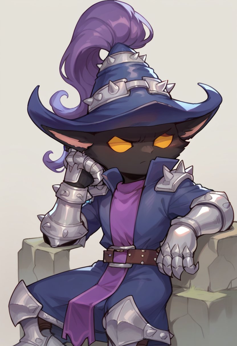 score_9, score_8_up, score_7_up, score_6_up, v3igar, 1boy, male focus, yellow eyes, yordle, hat, coat, armored shoes, belt, armor, gauntlets, <lora:Veigar_Default_v2:1>, head rest