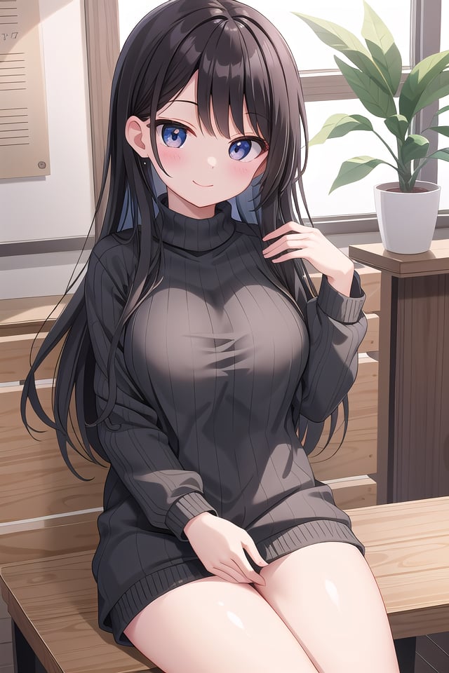 insanely detailed, absurdres, ultra-highres, ultra-detailed, best quality,1 girl, solo, nice hands, perfect hands,BREAK,wearing sweater,happy smile, laugh, closed mouth,sitting,45 angle, cowboy shot, looking at viewer,BREAK,slender, kawaii, perfect symmetrical face, ultra cute girl, ultra cute face, ultra detailed eyes, ultra detailed hair, ultra cute, ultra beautiful,by Canon EOS, SIGMA Art Lens 35mm F1.4, ISO 200 Shutter Speed 2000,BREAK,indoors, in coffee shop,medium large breasts,,black hair, long hair, black eyes