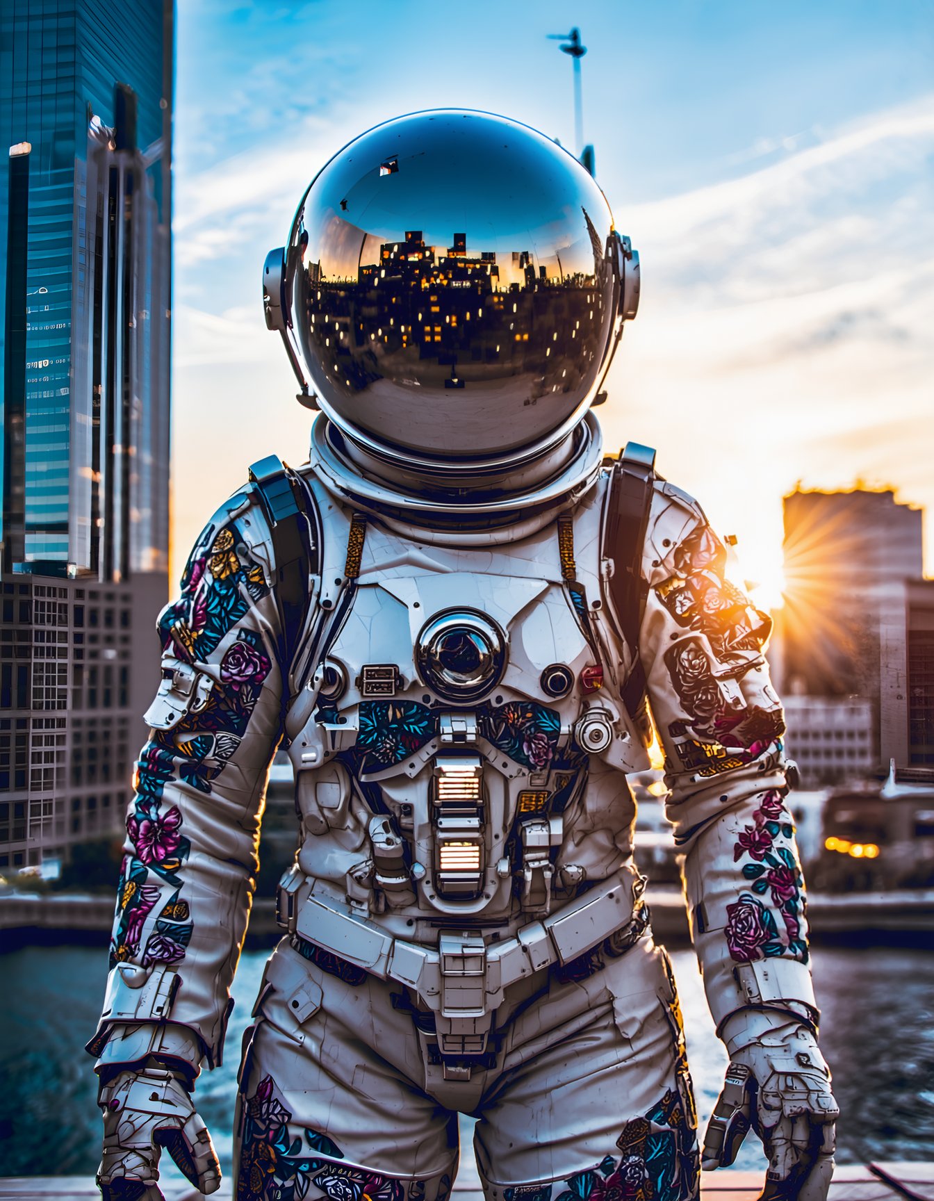 (best quality, 4K, 8K, high-resolution, masterpiece), ultra-detailed, photorealistic, astronaut with intricate, artistic designs on the suit, futuristic cityscape, daytime setting, floral patterns, reflections on helmet. ,