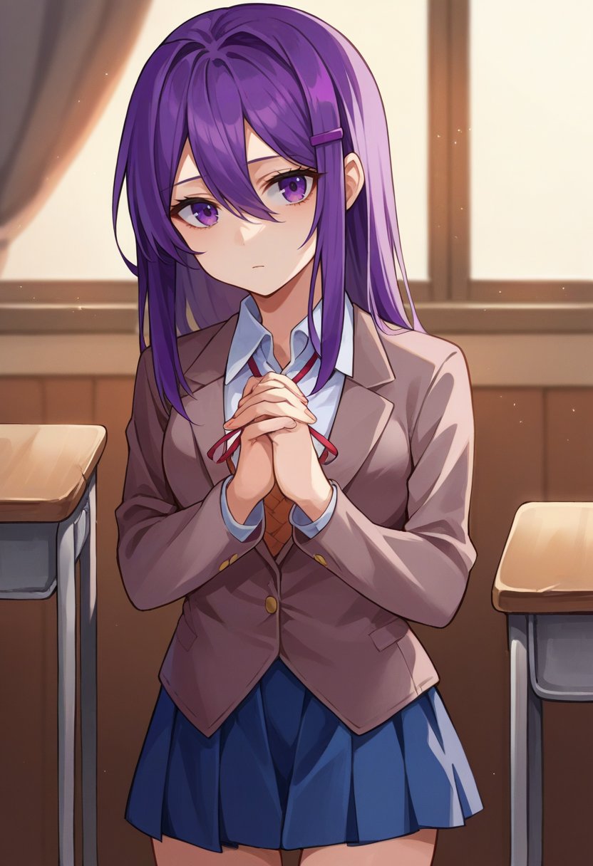 score_9, score_6_up, source_anime, 1girl, solo, cowboy shot, yuri, purple hair, purple eyes, hair between eyes, hairclip, blazer, collared shirt, blue skirt, own hands together, expressionless, looking at viewer, classroom, bare legs <lora:ddlcXL:0.8>