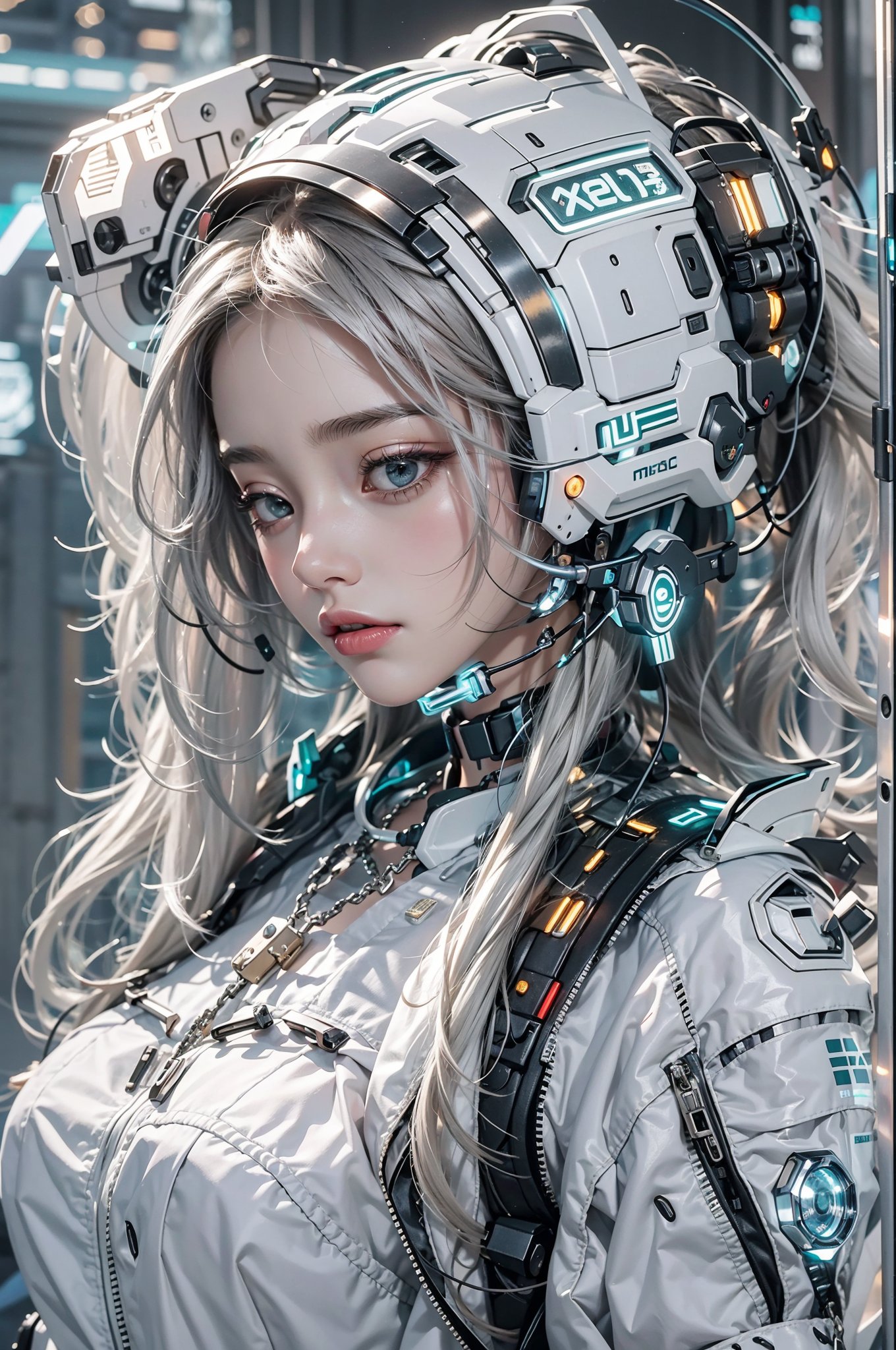 best quality,masterpiece,16K,1 girl,cyberpunk,Luminous headphones,Mechanical jewelry fragments,technical background,Frontal close-up,Metal helmet,Pistol-**** earpiece mechanical structure,multi-light headphones,Headphones with ultra-complex mechanical structure,Multi-light neck protection,Glows red,Weirdly shaped mechanical headphones,Super complex mechanical headphones,Mechanical armor,Multiple light source points throughout the body,city background,Multiple light source background,skyscrapers,night,