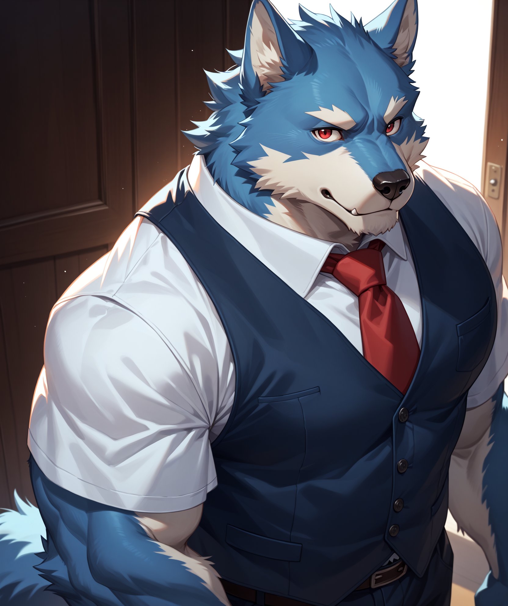 score_9,score_8_up,score_7_up,score_6_up,furry,kemono,high quality,tail,rating_explicit,embedding:zPDXL3 BREAK male furry,(bara),huge plump Chest Muscles,perfect anatomy,source_anime, furry, wolf, male, open clothing, high-angle view, red eyes, looking at viewer,Vest,dark royal blue fur,Short sleeve