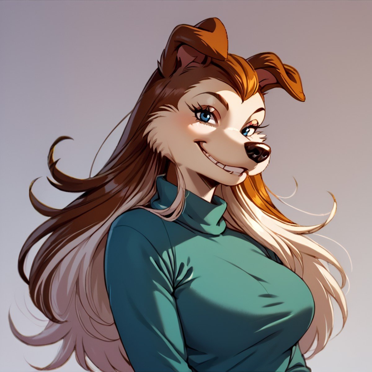 score_9, score_8_up, score_7_up, score_6_up, score_5_up, score_4_up, (Source furry), (rating safe),  <lora:ColleenXL:0.8>, 1girl, solo, breasts, looking at viewer, smile, brown hair, shirt, animal ears, upper body, teeth, grin, turtleneck, dog ears, retro artstyle, animal nose, snout, dog girl, colleen, blue eyes, two-tone hair, two-tone fur, furry, furry female, long hair, <lora:RealisticAnime:1>