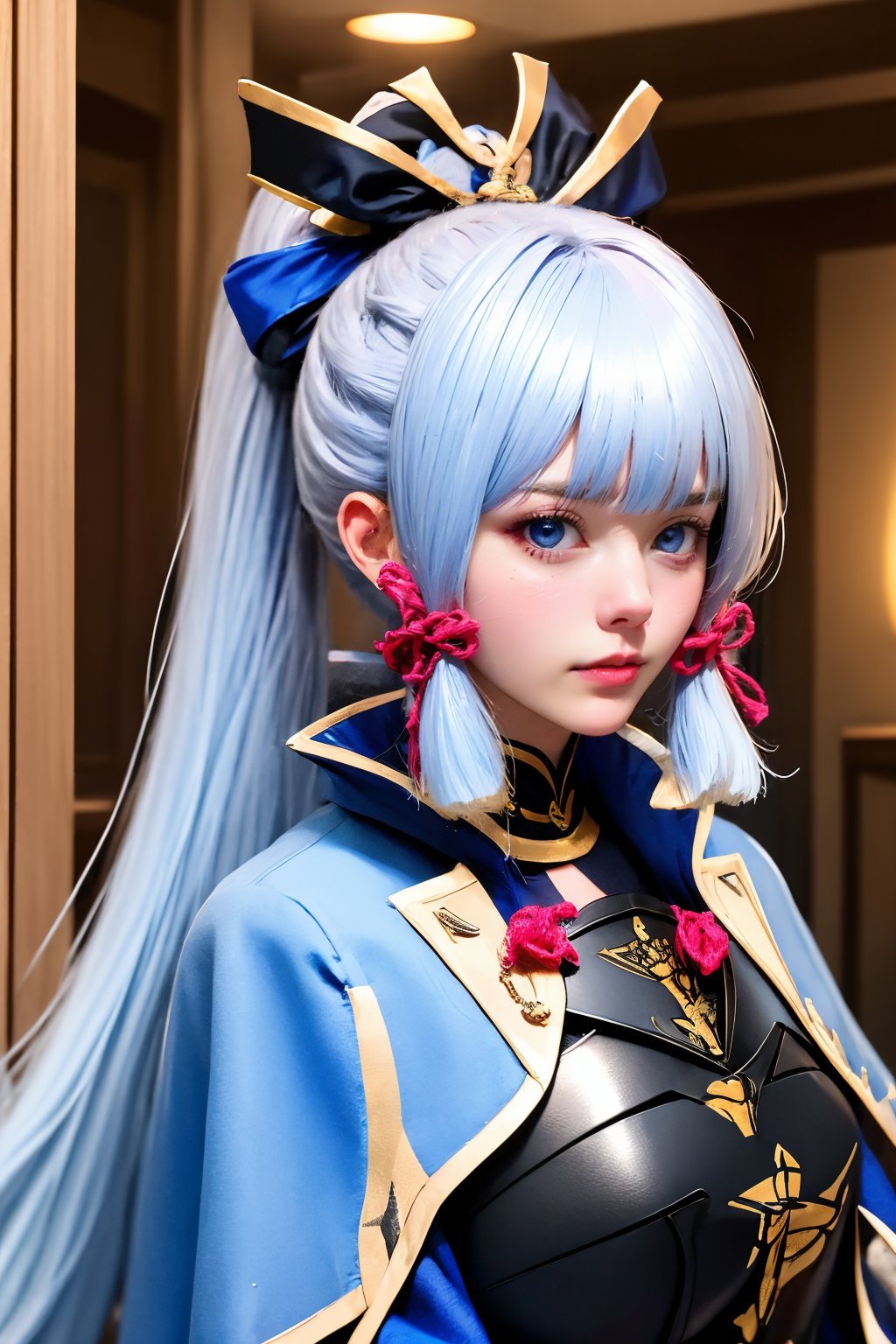 1girl, kamisato ayaka, solo, blue eyes, long hair, looking at viewer, ponytail, armor, blunt bangs, ribbon, hair ribbon, lips, white hair, tress ribbon, breastplate, sidelocks, hair ornament, jacket, realistic, pink ribbon, upper body, nose, closed mouth, armored dress, blue jacket, japanese armor, long sleeves, blue hair, mole, mole under eye, blue capelet, high ponytail, looking to the side, arm guards, light blue hair, indoors