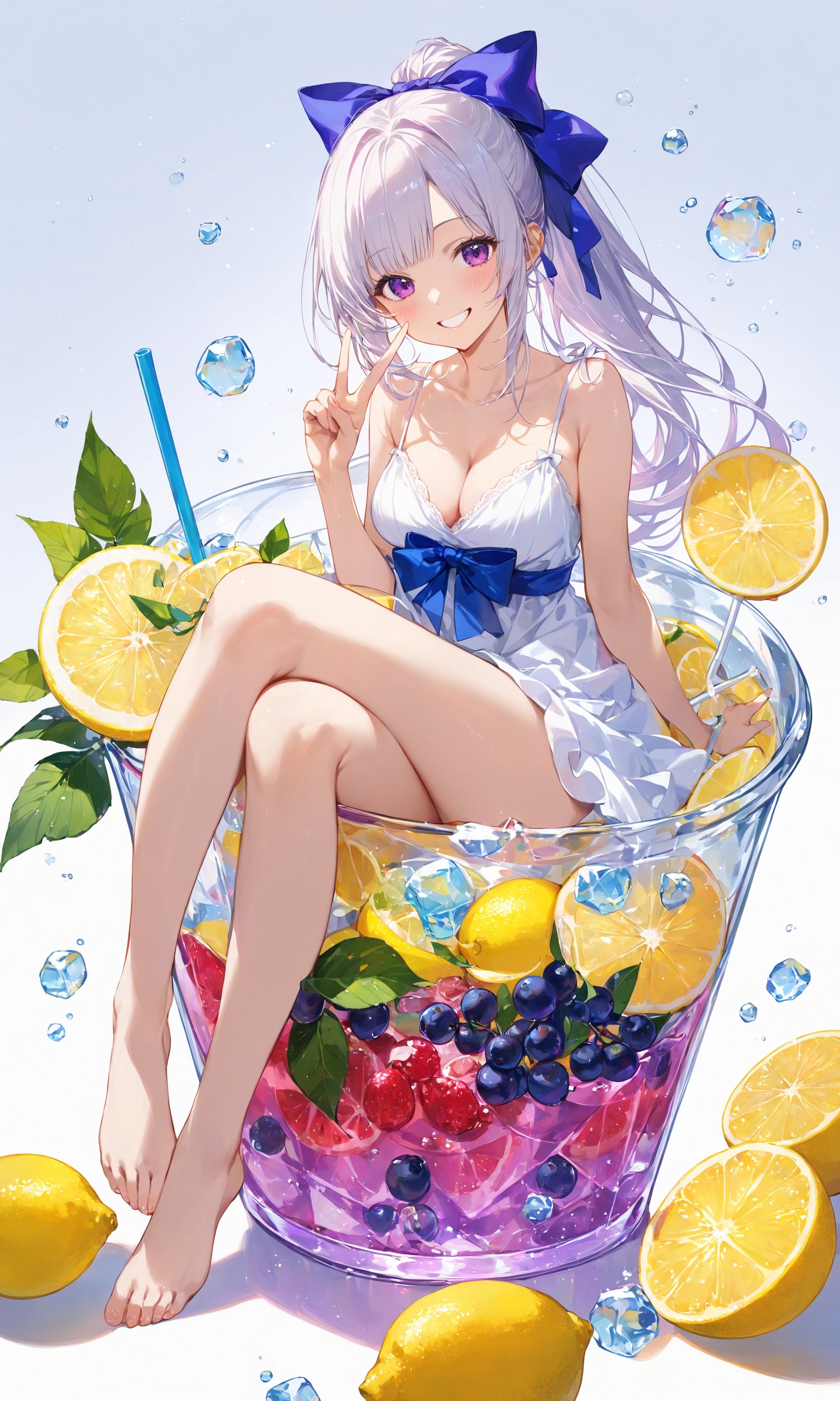 1girl, solo, long hair, breasts, looking at viewer, blush, smile, bangs, simple background, white background, dress, bow, ribbon, cleavage, bare shoulders, medium breasts, purple eyes, collarbone, full body, hair ribbon, ponytail, white hair, hair bow, food, horns, barefoot, sleeveless, hand up, white dress, grin, cup, parted bangs, bare arms, bare legs, v, fruit, sleeveless dress, blue ribbon, single horn, strap slip, drinking glass, bubble, minigirl, drinking straw, drink, spaghetti strap, in container, lemon, ice cube, lemon slice,masterpiece, best quality, score_9, score_8_up, score_7_up, ultra-detailed, Best-A, Medium-B, Low-C, Bad-D,