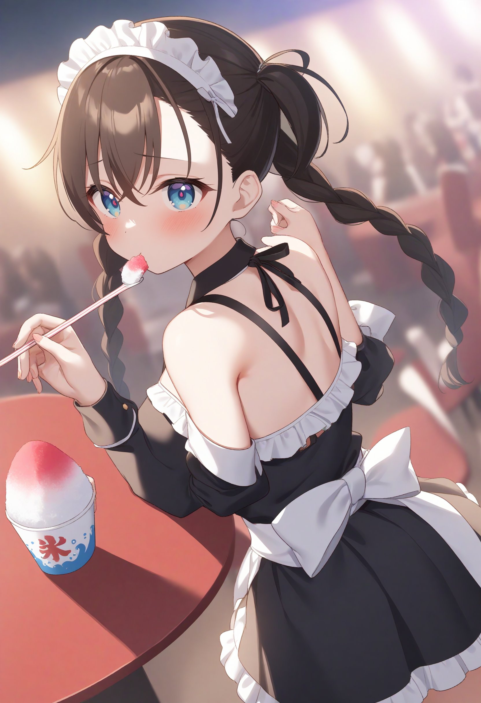 1girl,sincos, ningen mame, toosaka asagi,solo,large breasts,20yo,maid,maid headdress,shaved ice,<lora:shavedice_XL_v1:0.8>holding drinking straw, spoon straw, eating,from behind, cinematic angle, looking back, brown hair, silver eyes,confused, party venue, closed mouth, twin braids hair,,best quality, very aesthetic, absurdres