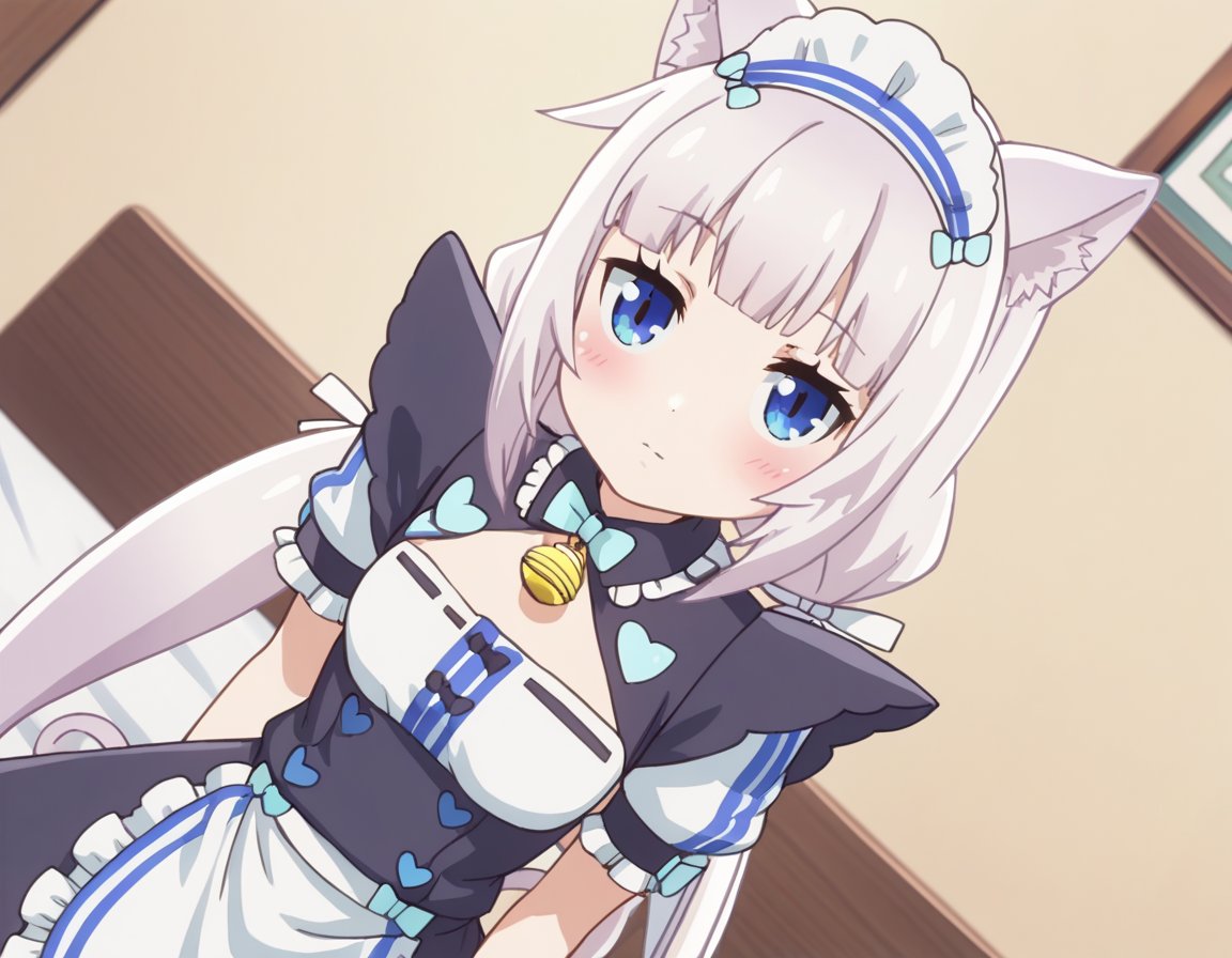 score_9, score_8_up, score_7_up, source_anime,nekoparavanilla, <lora:nekopara-vanilla-s1-ponyxl-lora-nochekaiser:1>,vanilla, long hair, bangs, blue eyes, animal ears, twintails, very long hair, white hair, cat ears, blunt bangs, animal ear fluff, low twintails, cat girl,dress, bow, tail, short sleeves, frills, bowtie, apron, cat tail, maid, maid headdress, bell, cat girl, waist apron, jingle bell, neck bell, waitress,indoors, bed, bed room, on side, blush, drunk,looking at viewer, solo, cowboy shot, dutch angle,