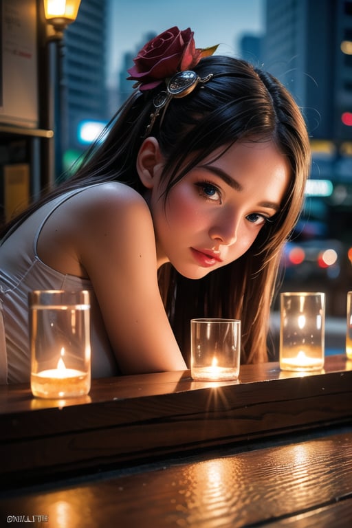 Tilt-shift photo of <lora:GirlfriendMix2:1>1girl, Tokyo street,night, cityscape,city lights, upper body,close-up, 8k, RAW photo, best quality, masterpiece,realistic, photo-realistic,red rose, . Selective focus, miniature effect, blurred background, highly detailed, vibrant, perspective control