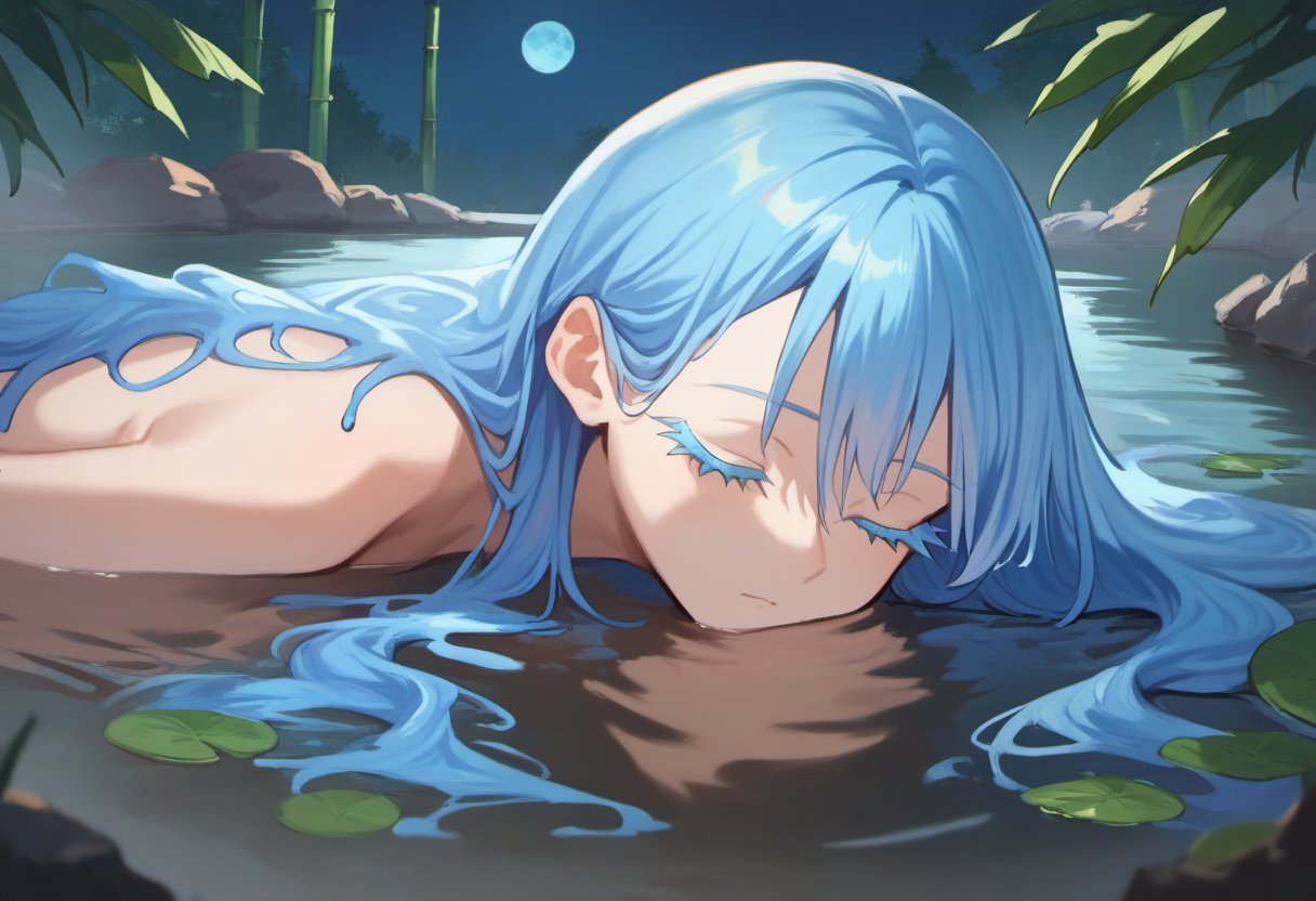 score_9, score_8_up, score_7_up, score_6_up, tsepmet_urumir_xl, rimuru tempest, slime girl, long hair, blue hair, partially submerged, lake, moonlight, bamboo, close-up, on stomach, peaceful, colored eyelashes, blue eyelashes, jirai kei, onsen, closed eyes, blue moon, serenity, dark, night, <lora:Rimuru_Tempest_XL_Pony:1><lora:Concept Art Twilight Style SDXL_LoRA_Pony Diffusion V6 XL:1>