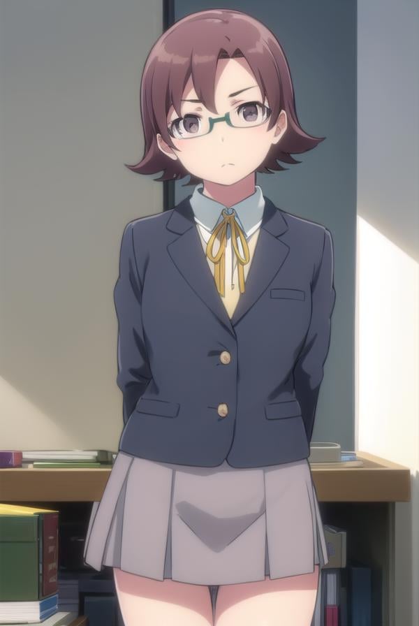 senaakagi, <lora:sena akagi s2-lora-nochekaiser:1>,sena akagi, short hair, brown hair, glasses, (brown eyes:1.5),BREAK skirt, ribbon, school uniform, blazer, grey skirt, shirt, white shirt, collared shirt,BREAK indoors, classroom,BREAK looking at viewer, (cowboy shot:1.5),BREAK <lyco:GoodHands-beta2:1>, (masterpiece:1.2), best quality, high resolution, unity 8k wallpaper, (illustration:0.8), (beautiful detailed eyes:1.6), extremely detailed face, perfect lighting, extremely detailed CG, (perfect hands, perfect anatomy),