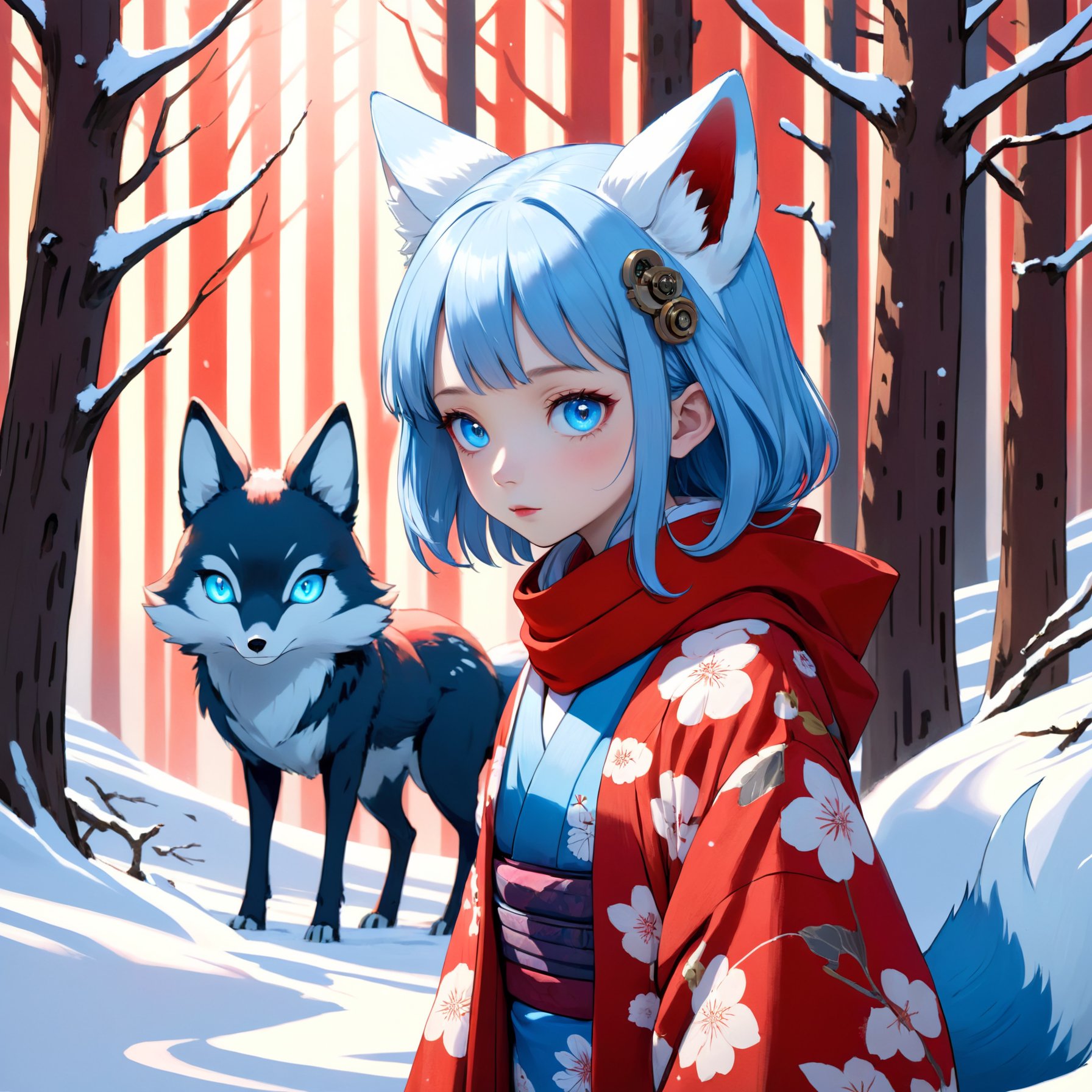 Illustration of a young girl with pale blue hair, wearing a traditional Japanese kimono and a red scarf, standing in a snow-covered forest with a serene expression, as a mysterious mechanical fox-like creature with glowing blue eyes watches from the shadows.