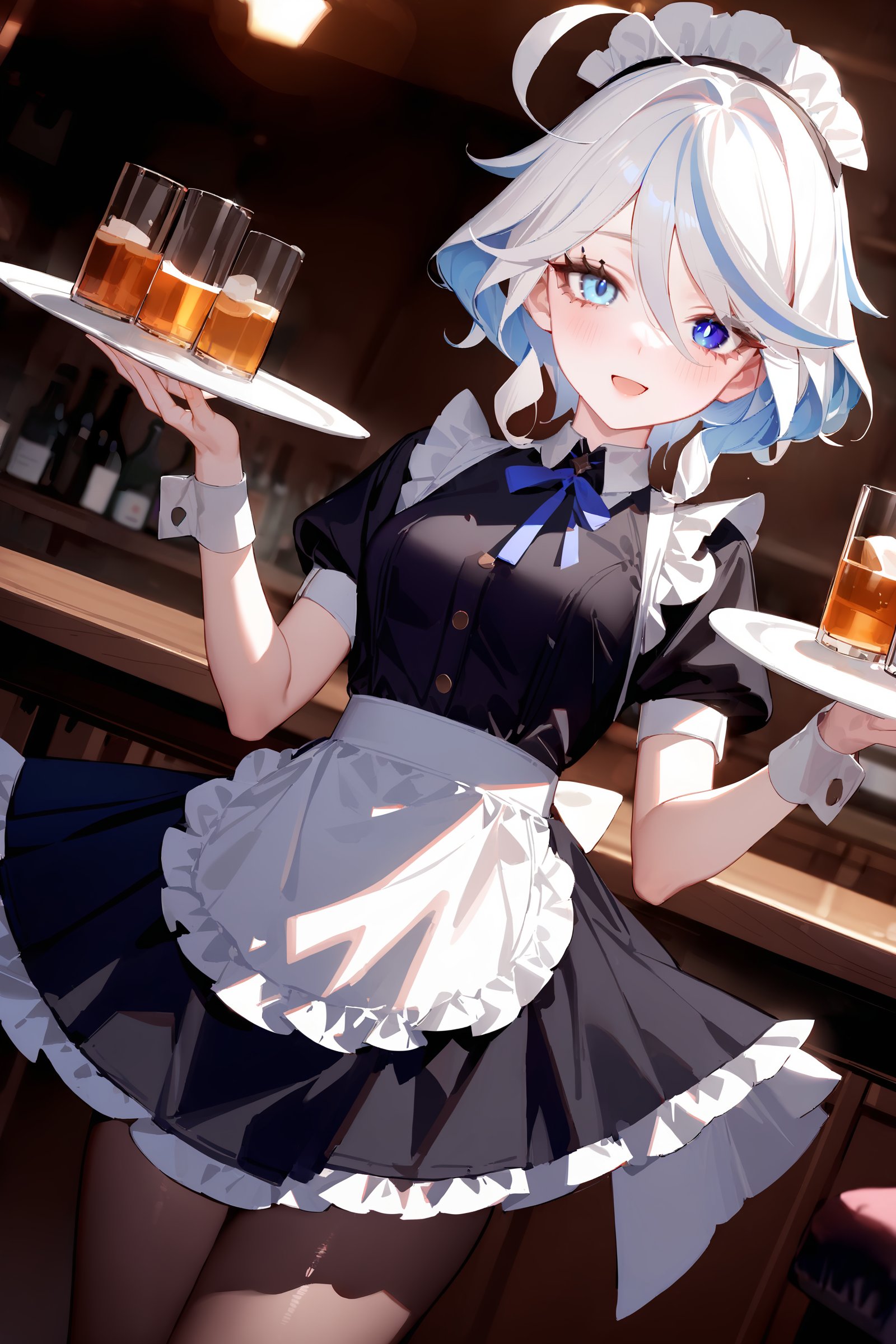 masterpiece, best quality, perfect features, intricate details, ray tracing, newest,(hitenkei, askzy:0.4), 1girl,  furina \(genshin impact\), heterochromia, solo, maid, maid headdress, maid apron, smile, pantyhose, open mouth, blush, smile, open mouth, holding plate, looking at viewer, cowboy shot, bar \(place\), indoors, depth of field  <lora:Char-Genshin-Furina-XL-V1:0.9>