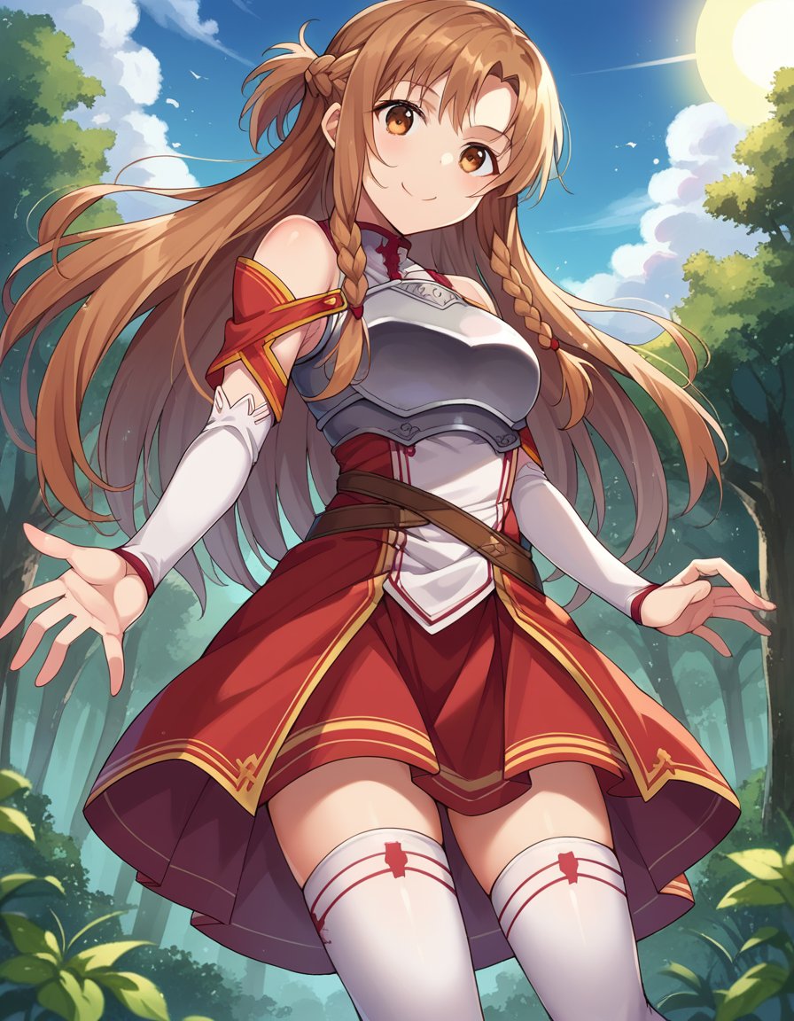 score_9, score_8_up, score_7_up, source_anime, asunayuuki, <lora:asuna-yuuki-ponyxl-lora-nochekaiser:1>, asuna yuuki, long hair, brown hair, brown eyes, braids, smile, skirt, thighhighs, bare shoulders, detached sleeves, armor, white thighhighs, breastplate, red skirt, outdoors, forest, nature, sky, sun, clouds, looking at viewer, cowboy shot, dutch angle, dynamic pose,