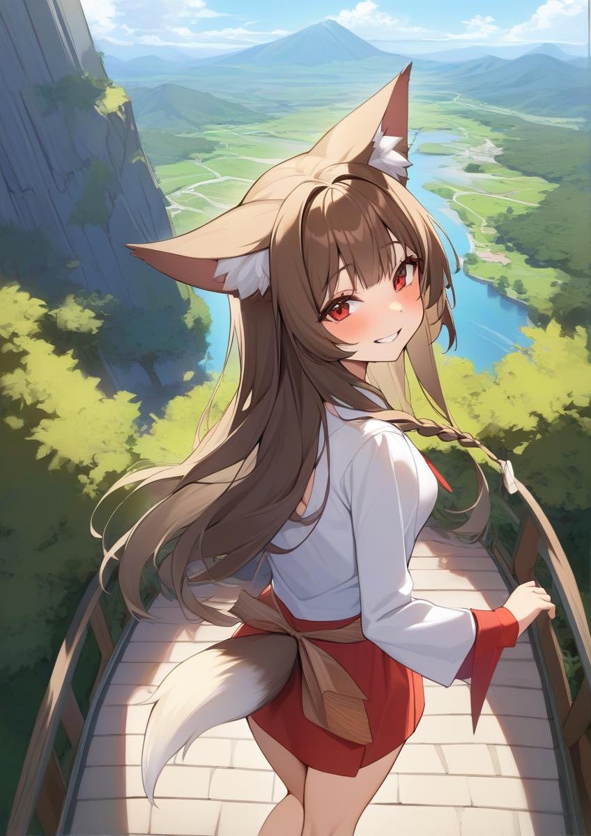 1girl, long hair, animal ears, brown hair, masterpiece, braid, from behind, looking back, red eyes, har ribbon, grin, from above, outdoors, tree, path, long sleeves, fox tail, blush, landscape, 