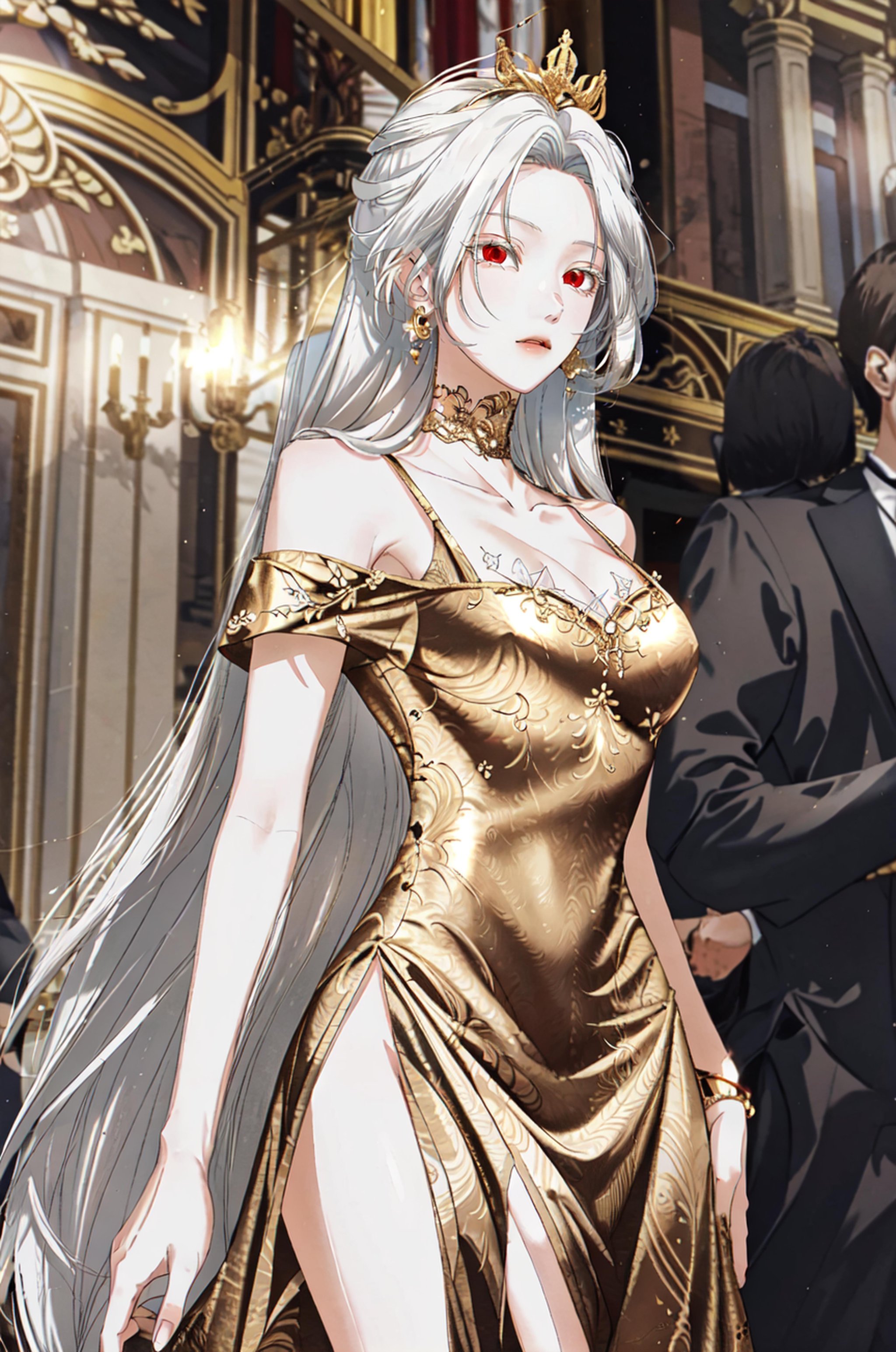 masterpiece, (best quality), 1girl , white hair, Raviel, red eyes, <lora:RavielIvansia:0.8>, gold dress, perfect proportions, cowboy shot, prom dress, gold, gold jewelry, golden crown,