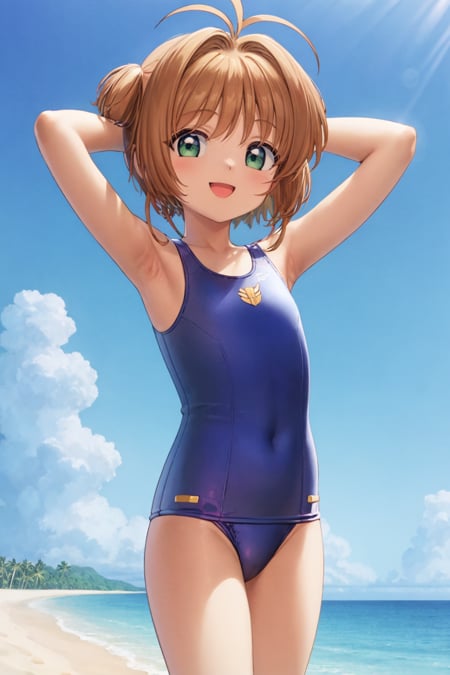 masterpiece, best quality,1girl, kinomoto sakura, antenna hair,  brown hair, short hair, twintails, green eyes, school swimsuit, hands behind head, one-piece swimsuit, open mouth, smile, happy, solo, looking at viewer, sea, sand, blue sky, tropical island background <lora:SakuraCardCaptor:1>