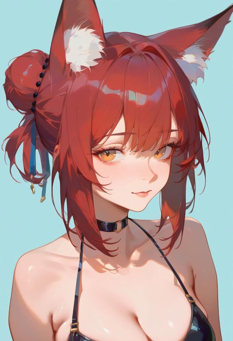 score_9, score_8_up,score_7_up, ultra detailed, absurd res, high res, extremely detailed, good quality, BREAK, 1girl, solo, red hair, bun hair, animal ears, fox ears,