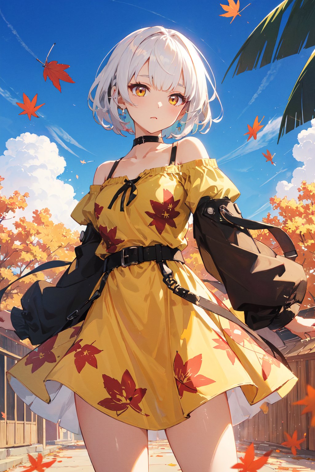 <lora:Anby-000020:0.6>,Anby CYQL,1girl,looking at viewer,solo,short hair,white hair,yellow eyes,(Off-the-shoulder ruffle sundress in a tropical print:1.3),(evil smile:1.2),(portrait:1.3),In the golden season of autumn, maple leaves blaze like flames, covering the hillsides in hues of red and yellow. Fallen leaves pave paths of brilliance,beautiful detailed sky,beautiful detailed glow,posing in front of a colorful and dynamic background,masterpiece,best quality,beautiful and aesthetic,contrapposto,female focus,wallpaper,