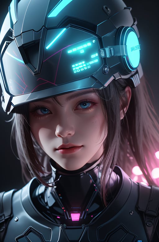 1 girl, head close-up, helmet, diving mask, prism baffle, clearer face, tactical helmet, cyberpunk LED embellishment, neon light pipeline, clear face, precise helmet details, 2.5D, glial skin